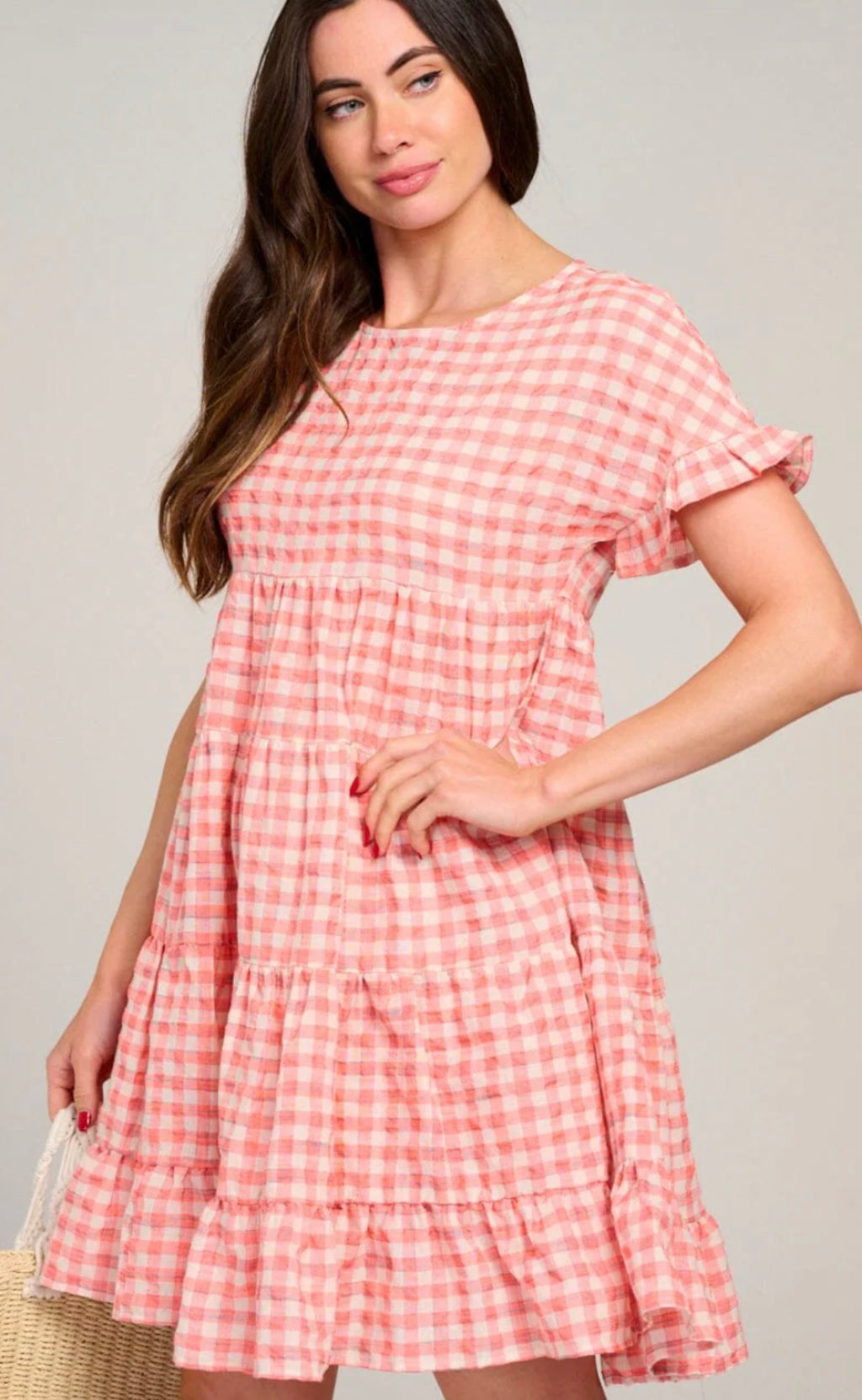 Women's Short Sleeve Tiered Plaid Mini Dress.