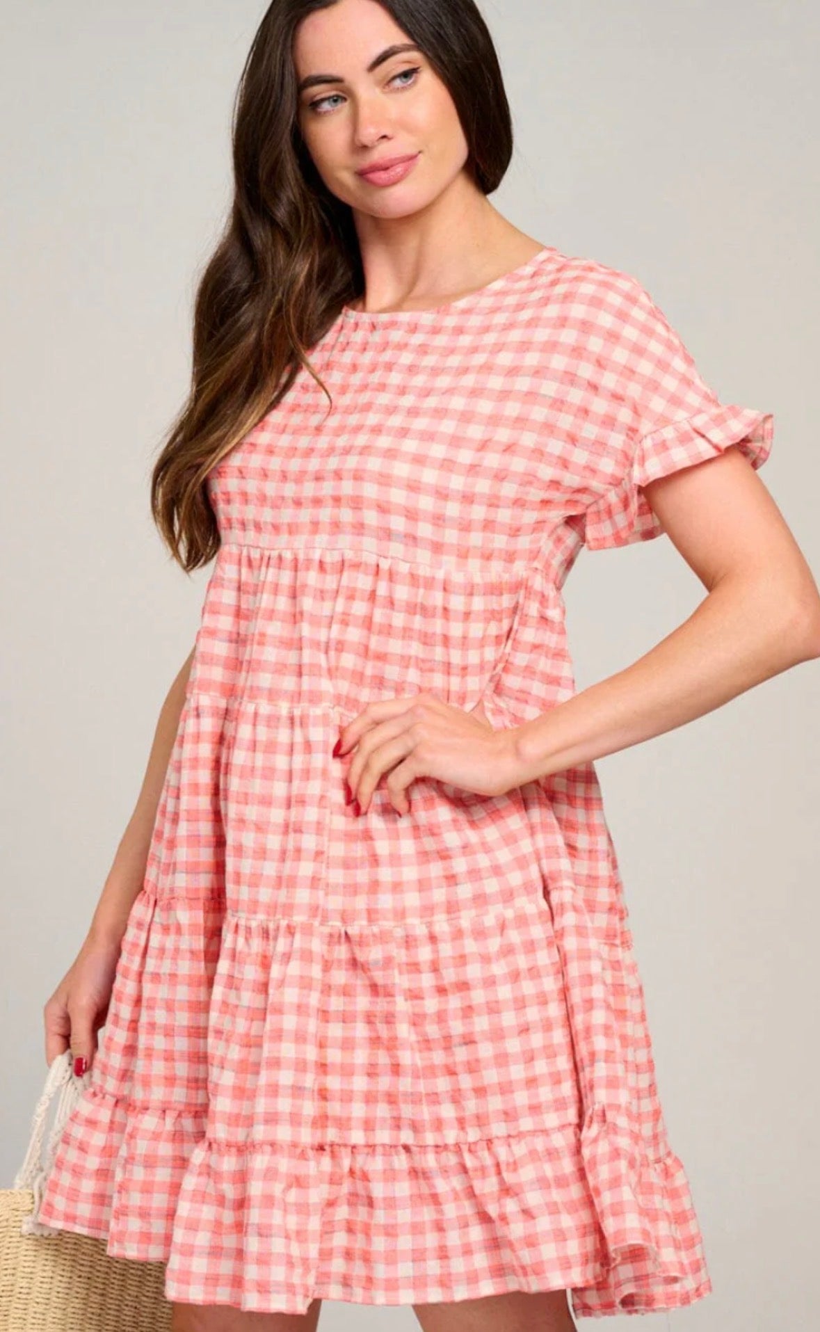 Women's Short Sleeve Tiered Plaid Mini Dress.