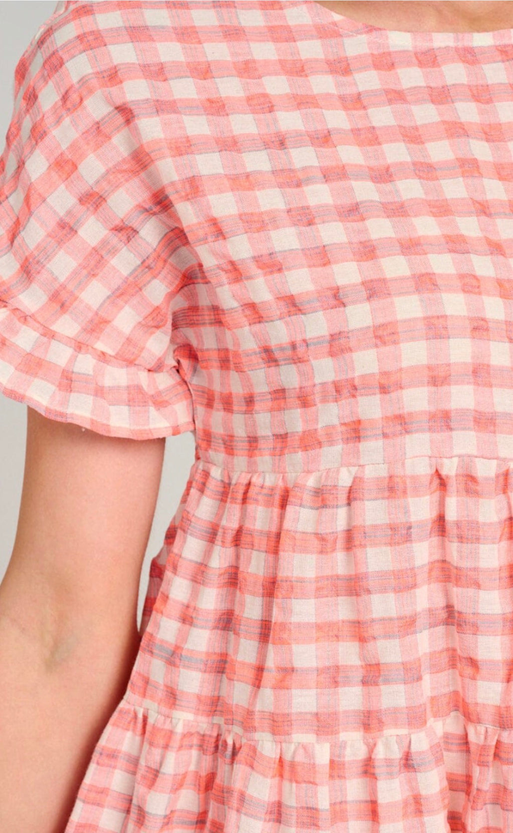 Women's Short Sleeve Tiered Plaid Mini Dress.