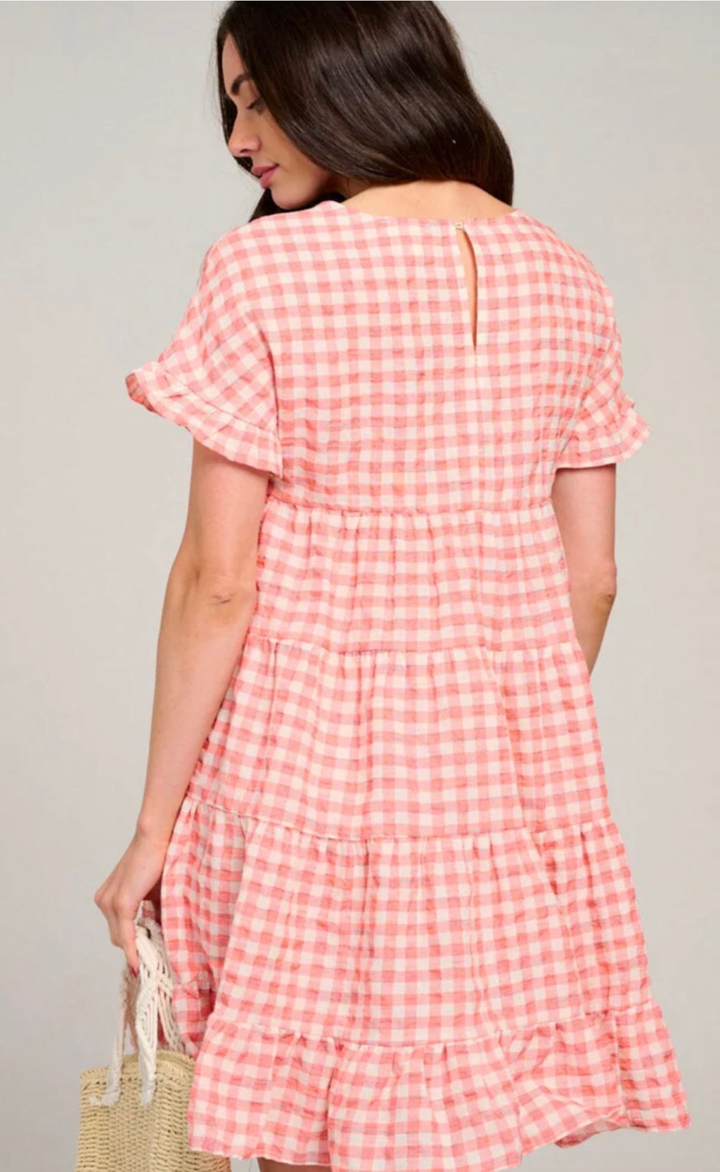 Women's Short Sleeve Tiered Plaid Mini Dress.