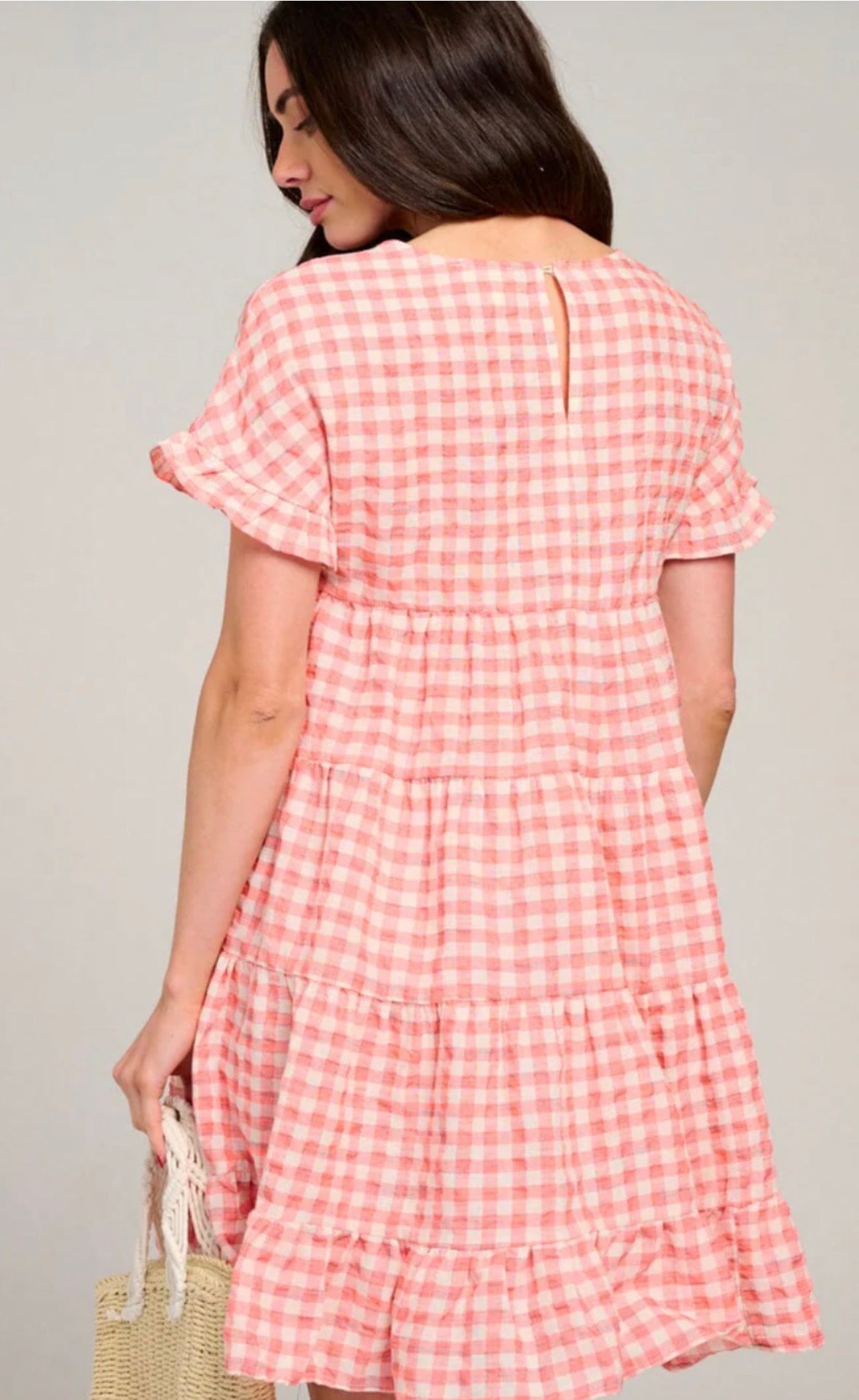 Women's Short Sleeve Tiered Plaid Mini Dress.