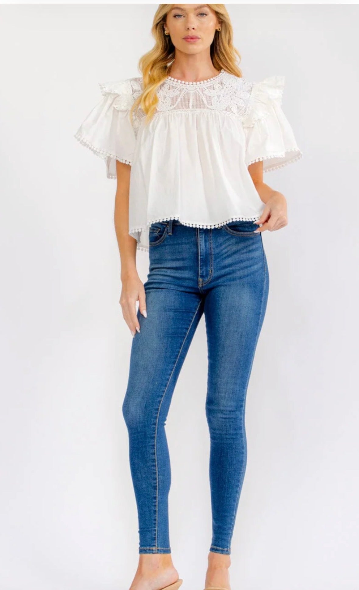 Women's Short Ruffle Sleeve Lace Neck Blouse