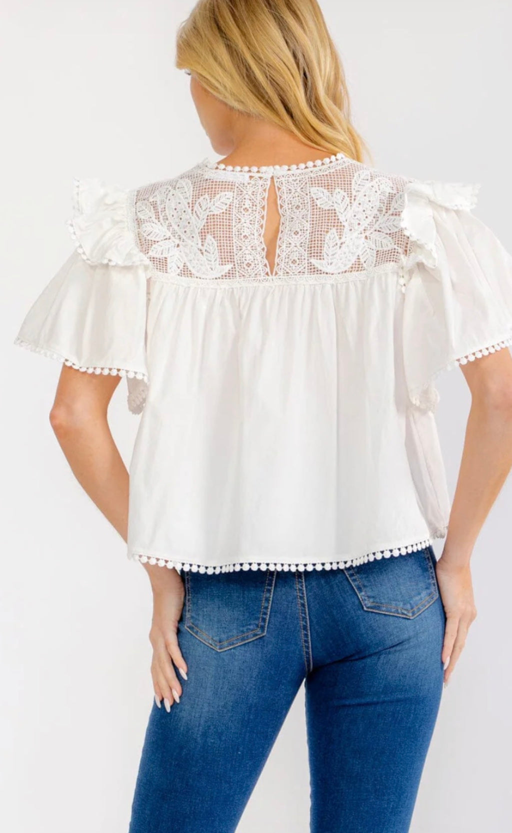 Women's Short Ruffle Sleeve Lace Neck Blouse