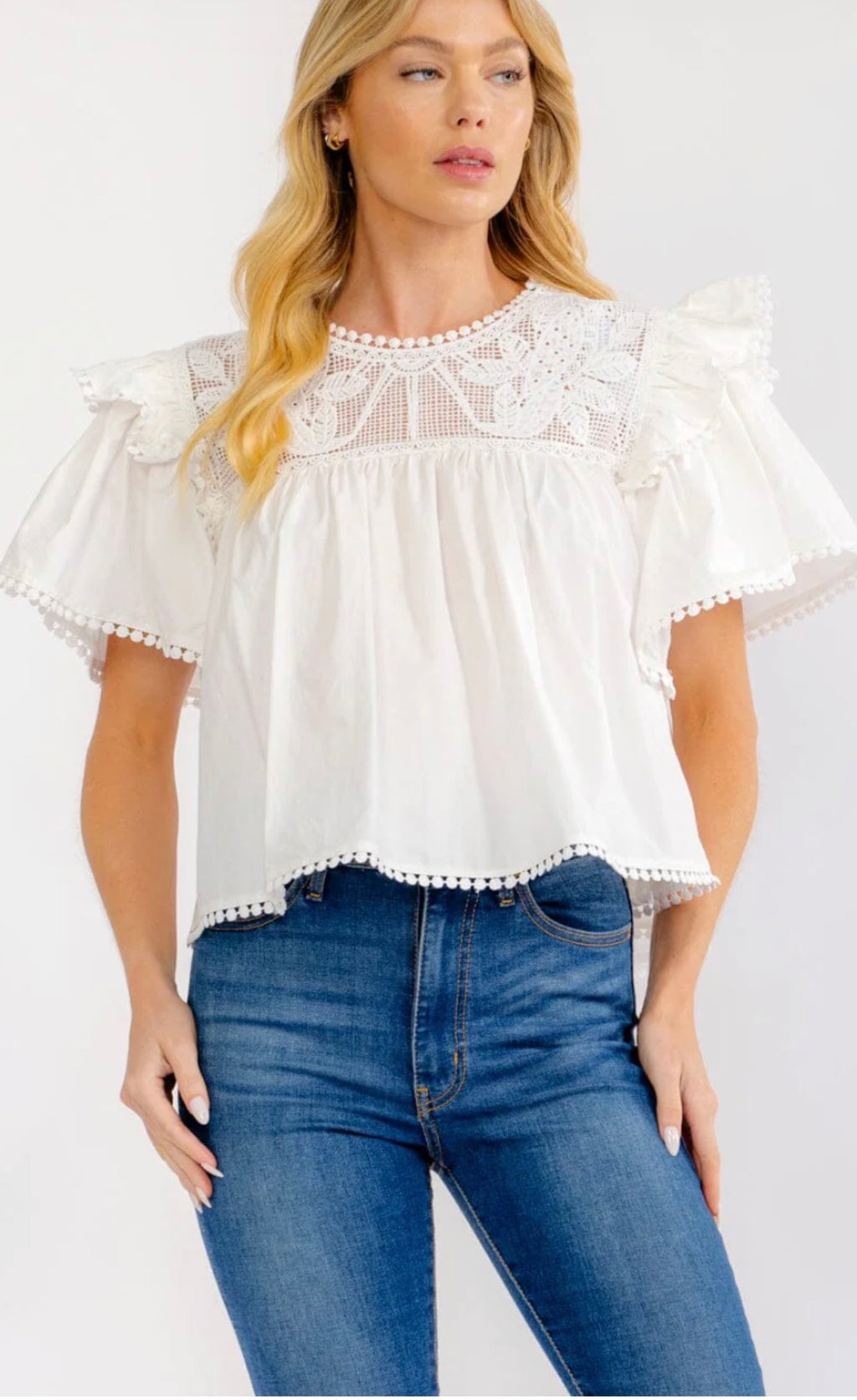 Women's Short Ruffle Sleeve Lace Neck Blouse
