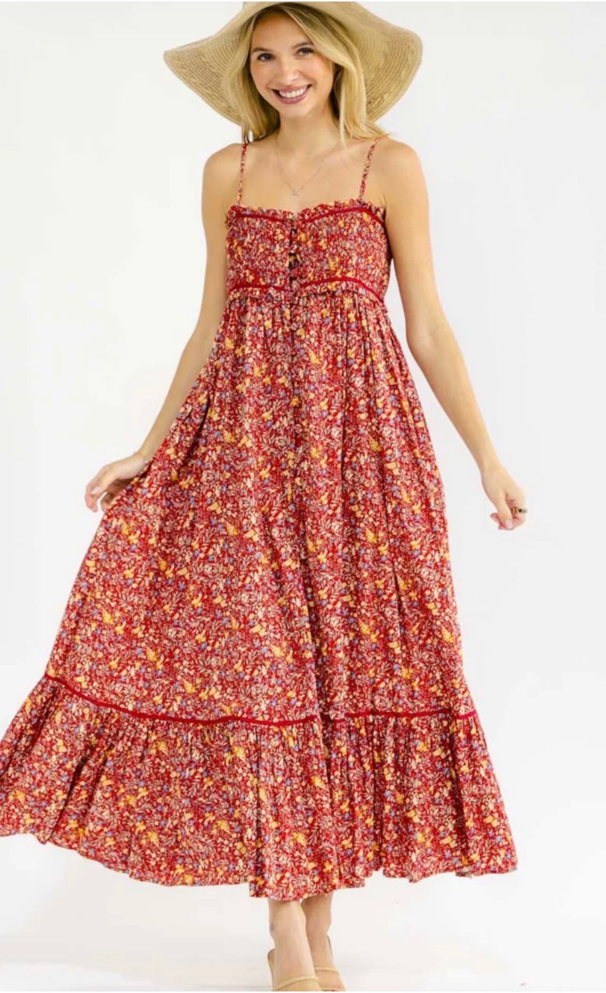 Women's Sleeveless Smock Button Up Front Slit Maxi Dress