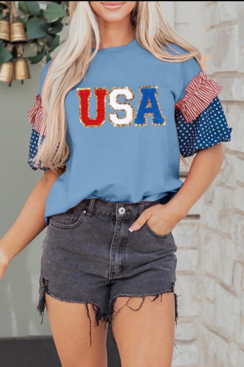 Blue USA Chenille Lettering Stars and Stripes Patchwork Sleeve Top