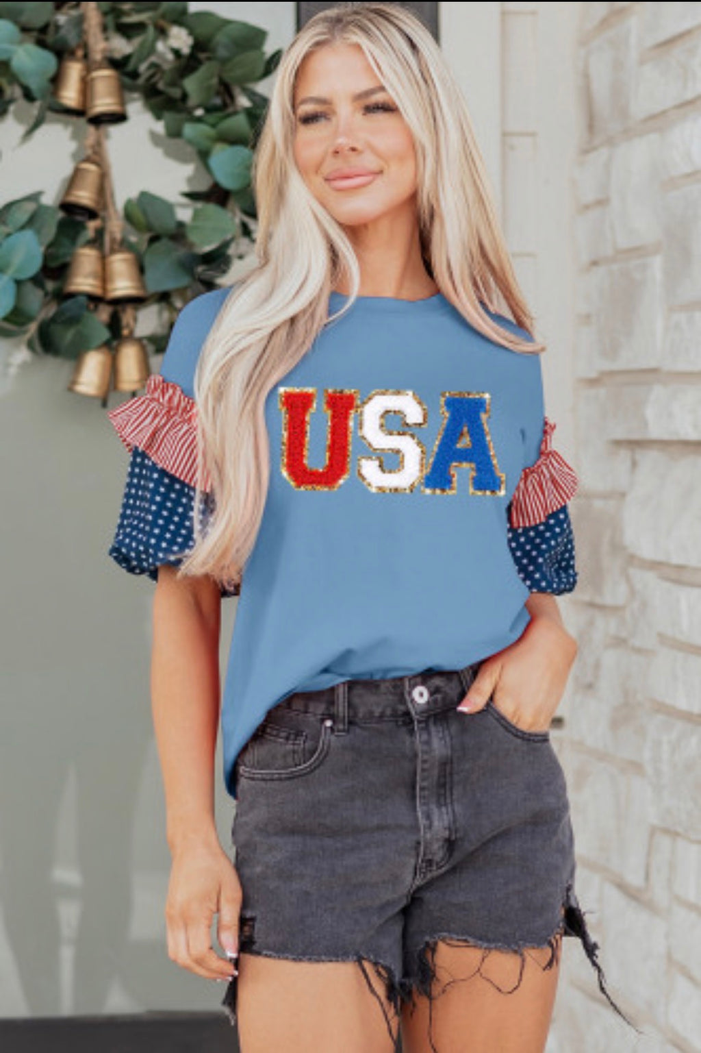 Blue USA Chenille Lettering Stars and Stripes Patchwork Sleeve Top