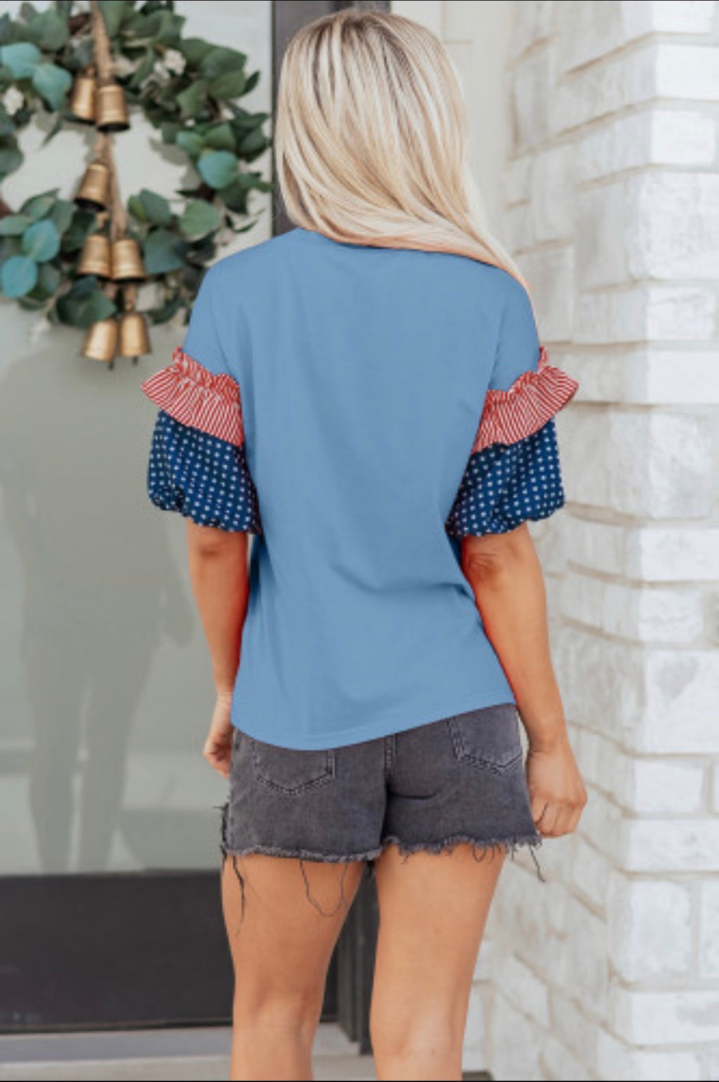 Blue USA Chenille Lettering Stars and Stripes Patchwork Sleeve Top