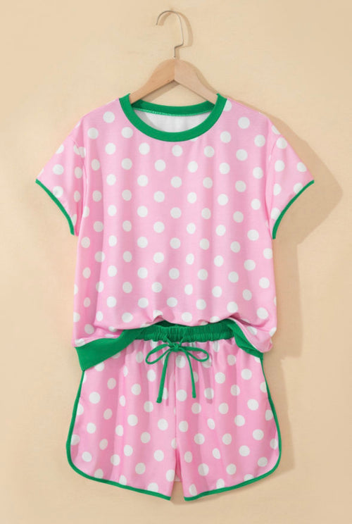 Pink Polka Dot Contrast Edge Short Set