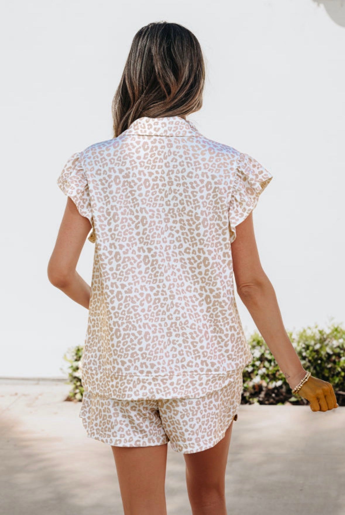 Beige Leopard Zip Polo Top 2 Piece Short Set