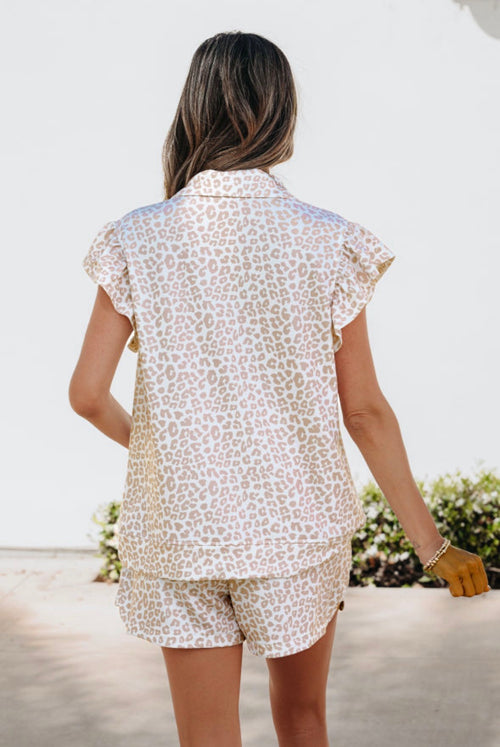 Beige Leopard Zip Polo Top 2 Piece Short Set