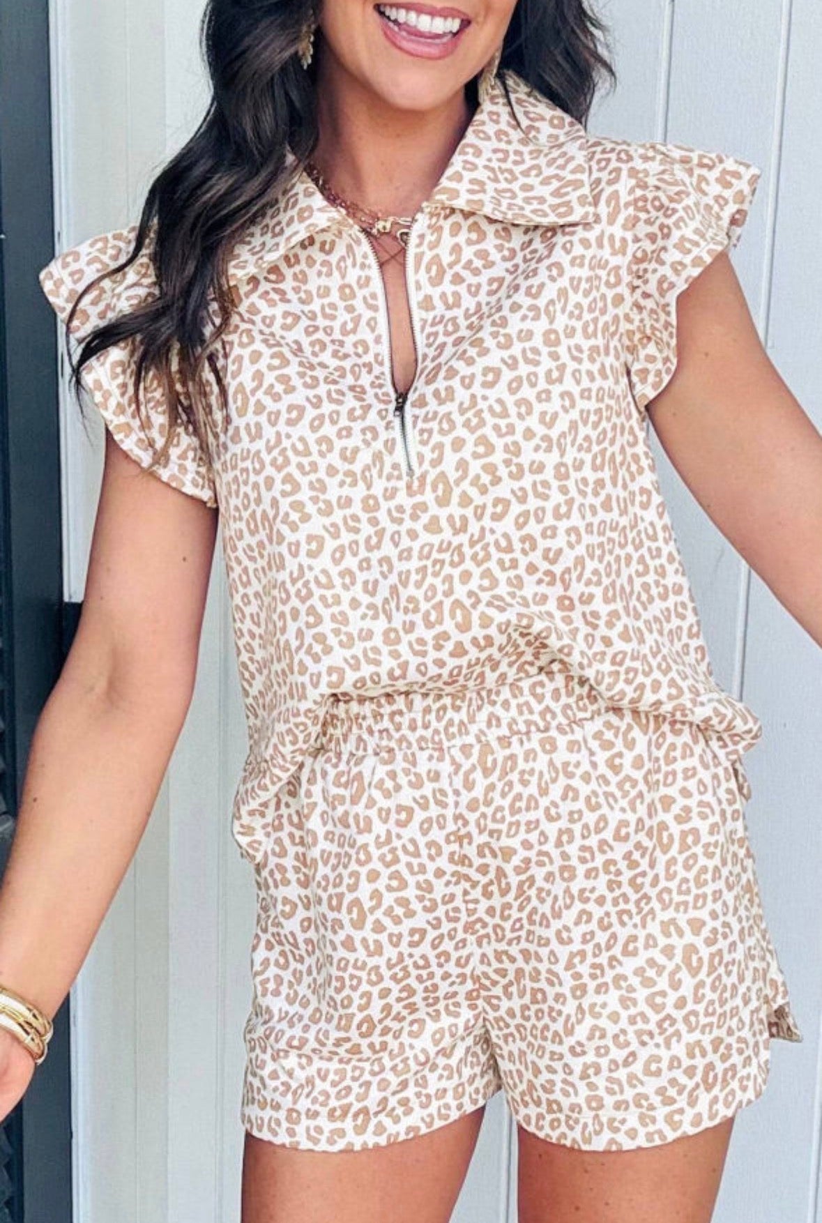 Beige Leopard Zip Polo Top 2 Piece Short Set