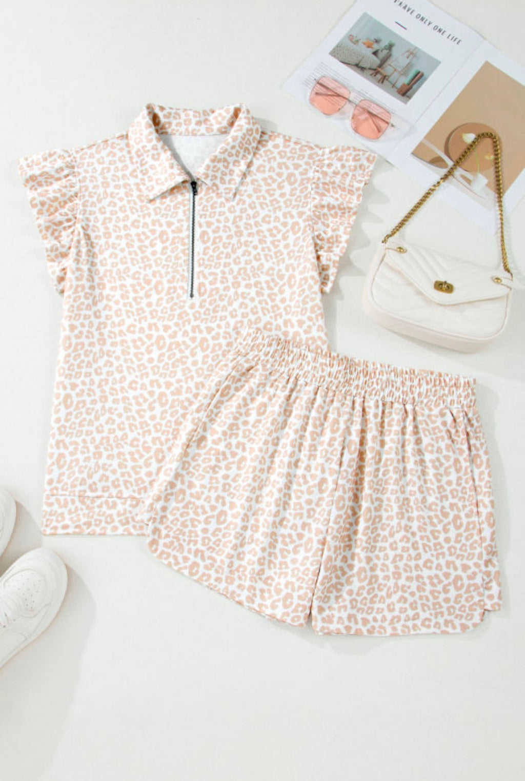 Beige Leopard Zip Polo Top 2 Piece Short Set