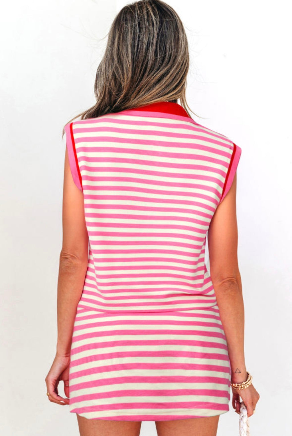 Sachet Pink  Stripe Zip Collar Sleeveless 2 Piece Skort Set