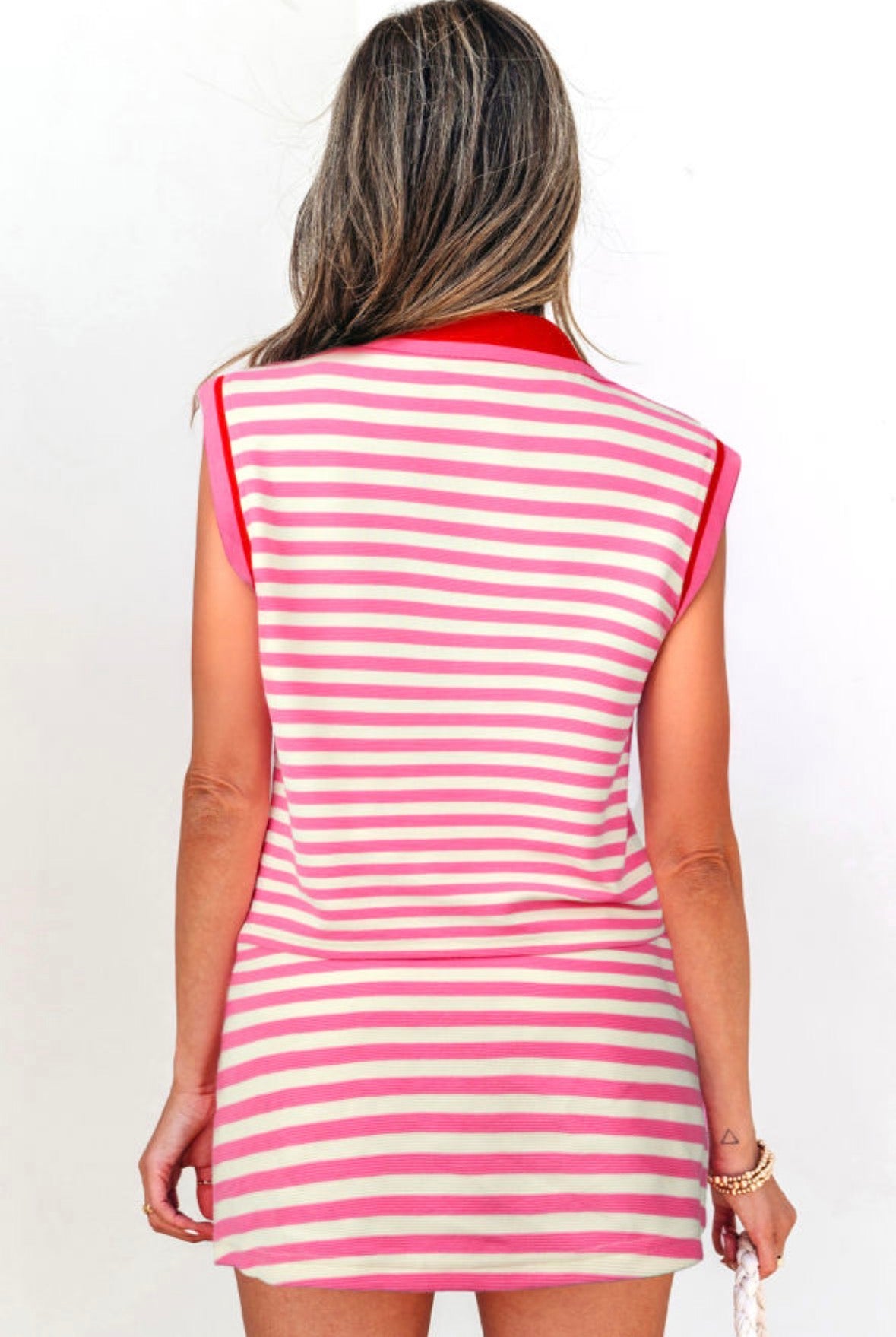 Sachet Pink  Stripe Zip Collar Sleeveless 2 Piece Skort Set