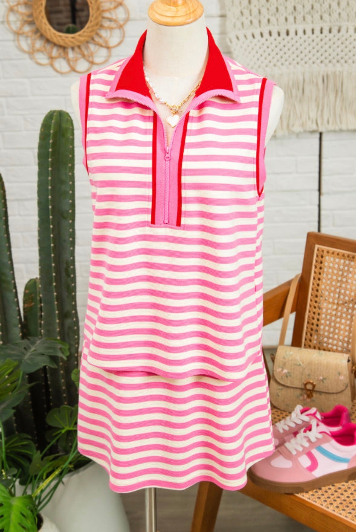 Sachet Pink  Stripe Zip Collar Sleeveless 2 Piece Skort Set