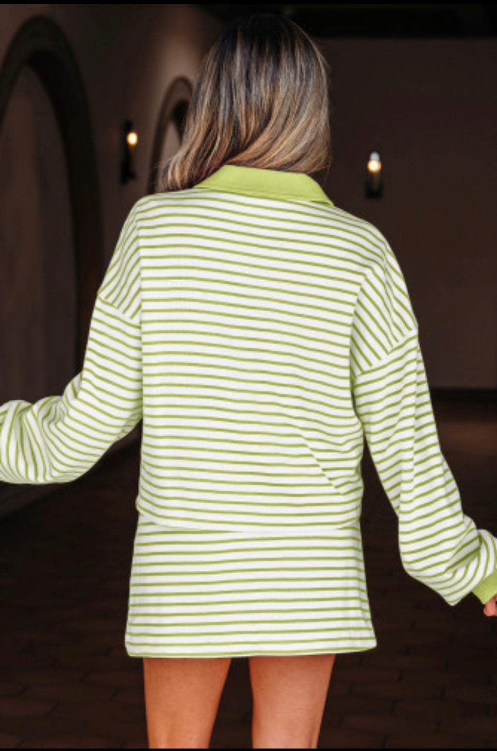 Green Stripe Collared V Neck Drop Shoulder Pullover and Skort