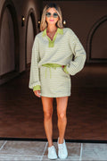 Green Stripe Collared V Neck Drop Shoulder Pullover and Skort