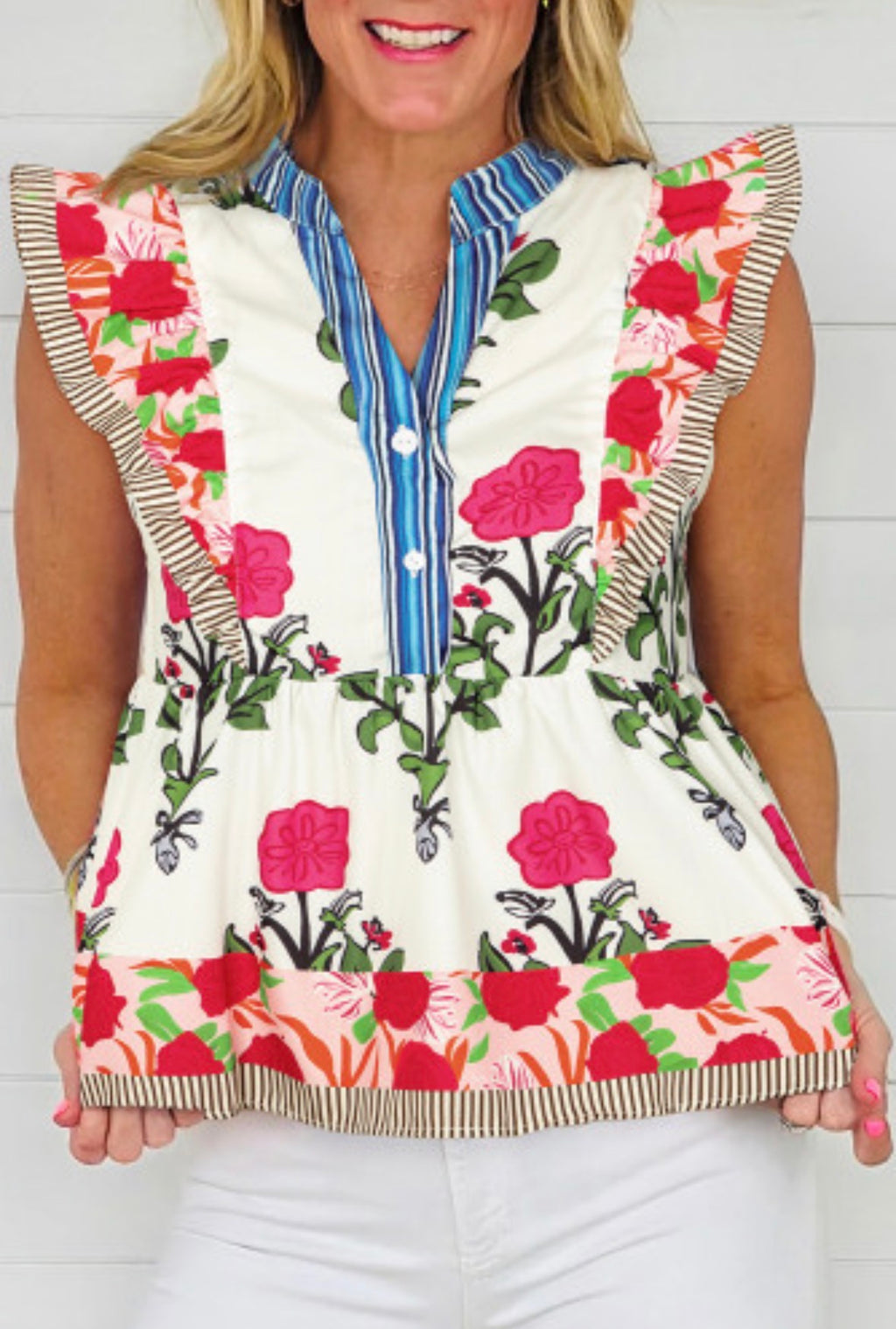 Pink Floral Print Tie Neck Striped Detail Flutter Sleeve Blouse