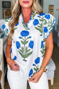 Blue Wild Flower Print Contrast Trim Scallop Detail Short Sleeve Blouse