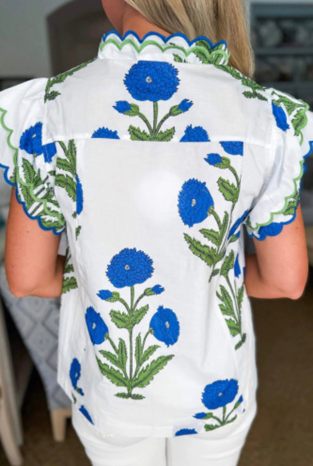 Blue Wild Flower Print Contrast Trim Scallop Detail Short Sleeve Blouse