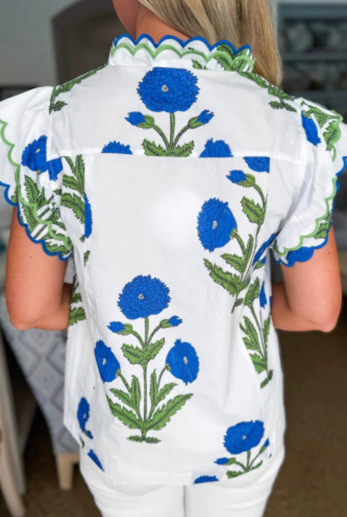 Blue Wild Flower Print Contrast Trim Scallop Detail Short Sleeve Blouse