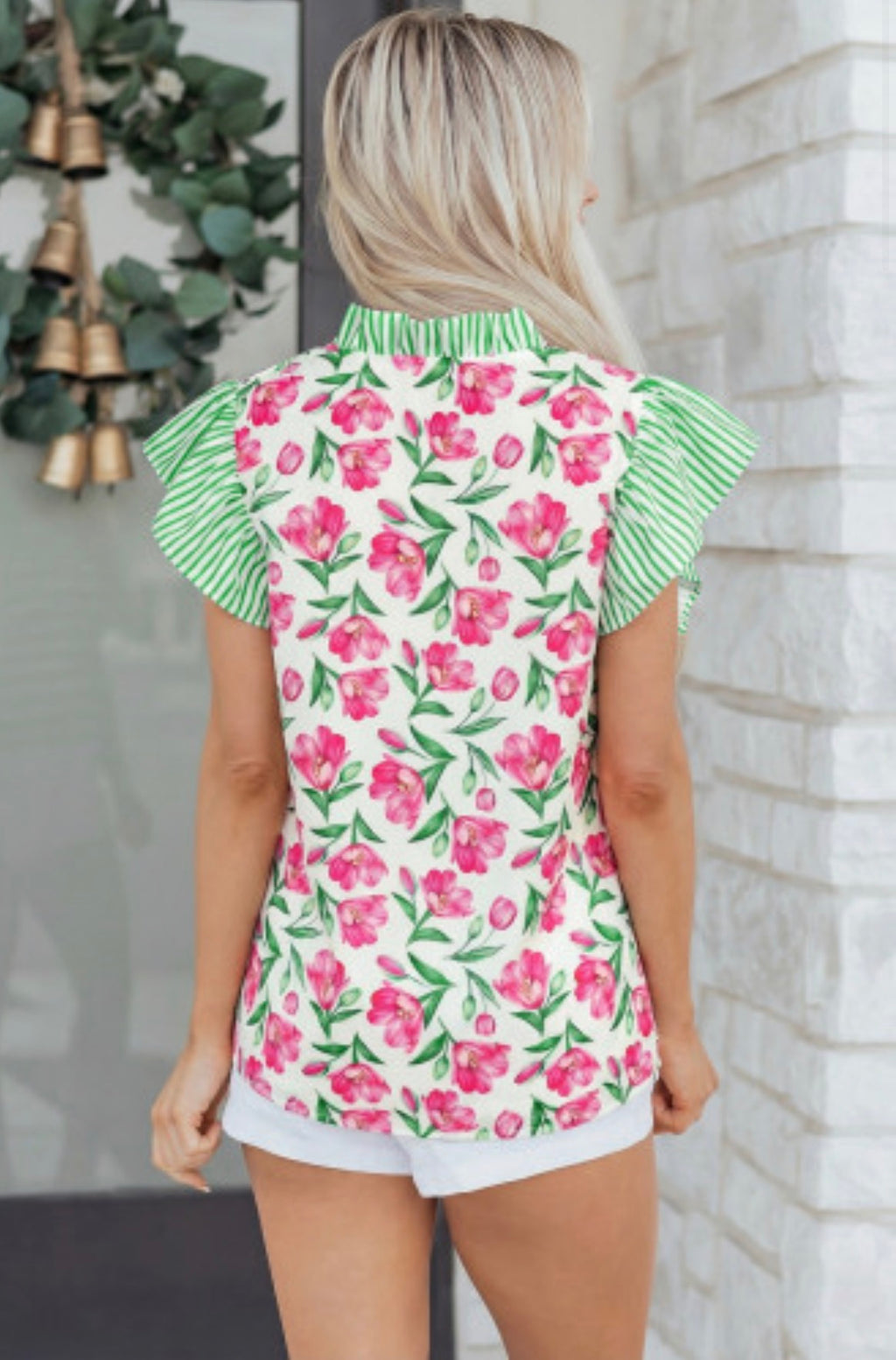 Multicolour Sweet Floral Print Striped Ruffle Trim V Neck Blouse