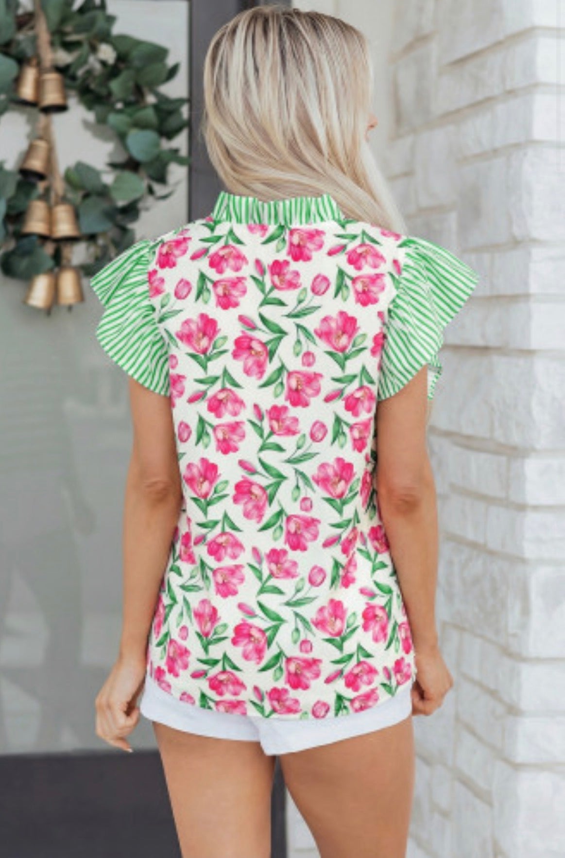 Multicolour Sweet Floral Print Striped Ruffle Trim V Neck Blouse