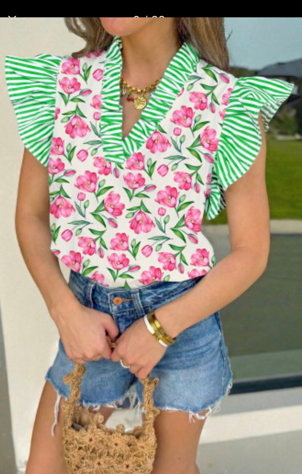 Multicolour Sweet Floral Print Striped Ruffle Trim V Neck Blouse