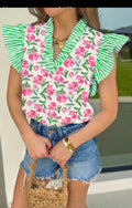 Multicolour Sweet Floral Print Striped Ruffle Trim V Neck Blouse